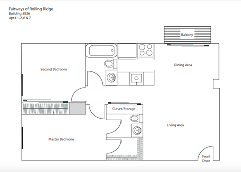 Floor plan for 2 beds, 1.5 baths, 900 sqft